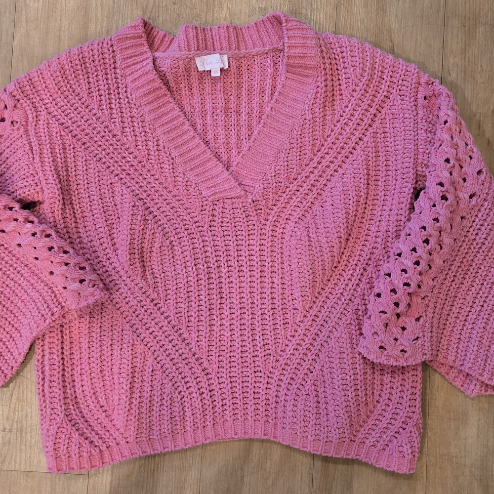 Pink Lily Textured Pink V-Neck Sweater